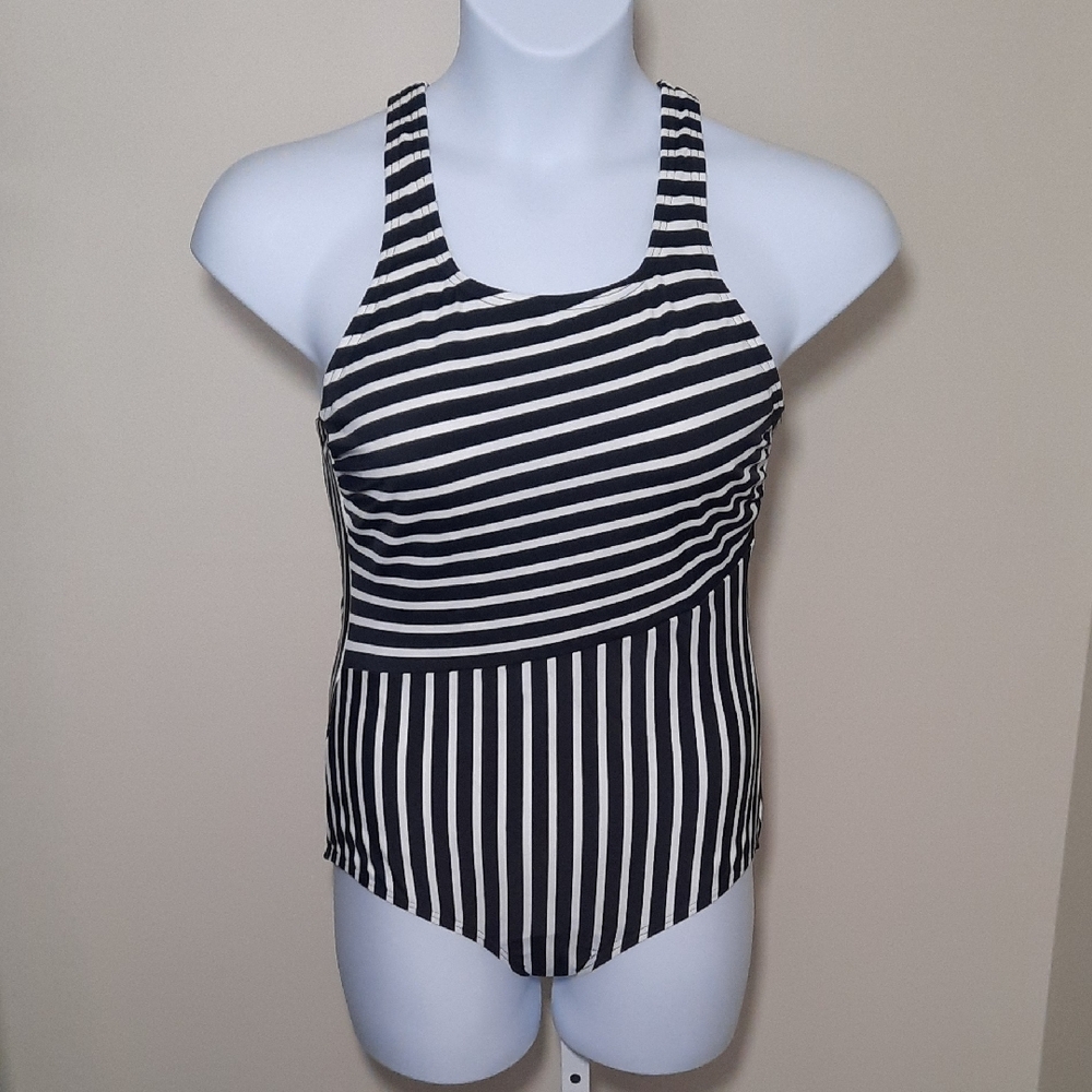 Lands' End Women's UPF 50 Full Coverage Black & White Striped One Piece Swimsuit